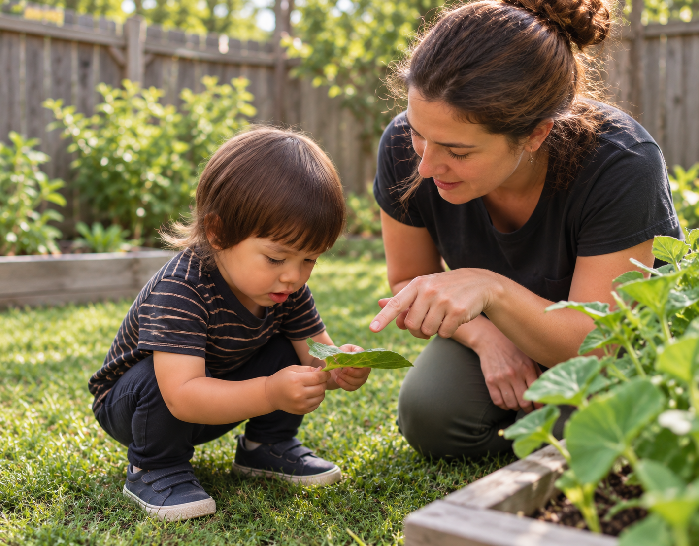 A young child in a garden examines a leaf while an educator kneels beside them.