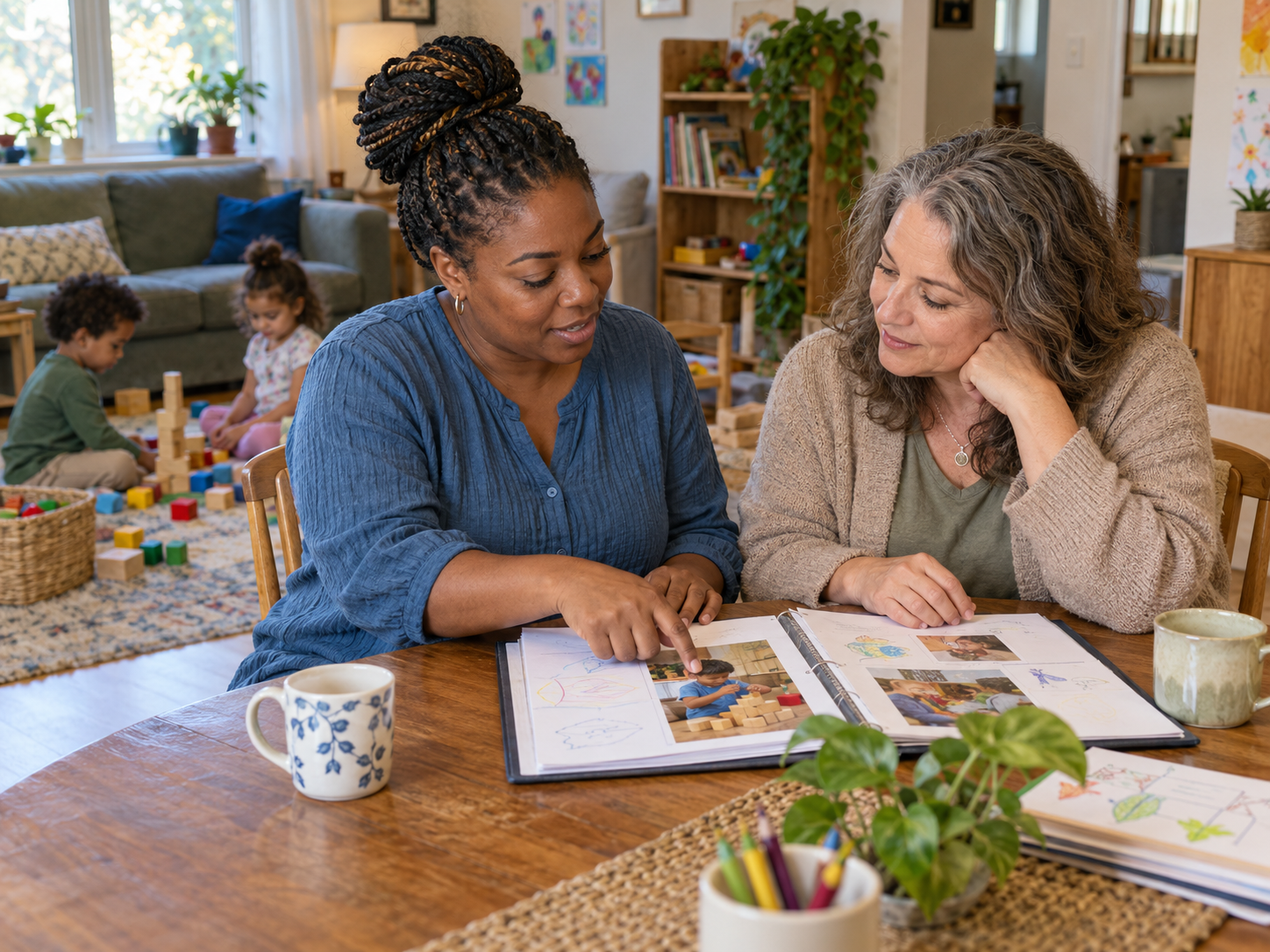 Two educators sit side by side at a table, reviewing a child's learning portfolio together while children play in the background.